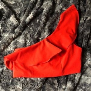 Orange/red ruffle one sleeve crop top